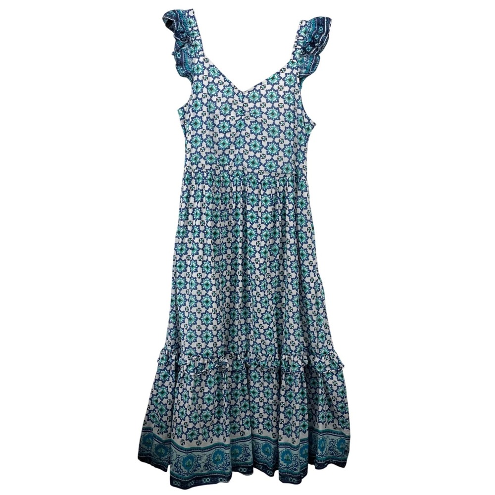Lucky Brand Size XL Maxi Dress Blue White Tile Print Ruffle Cotton Tiered Womens
